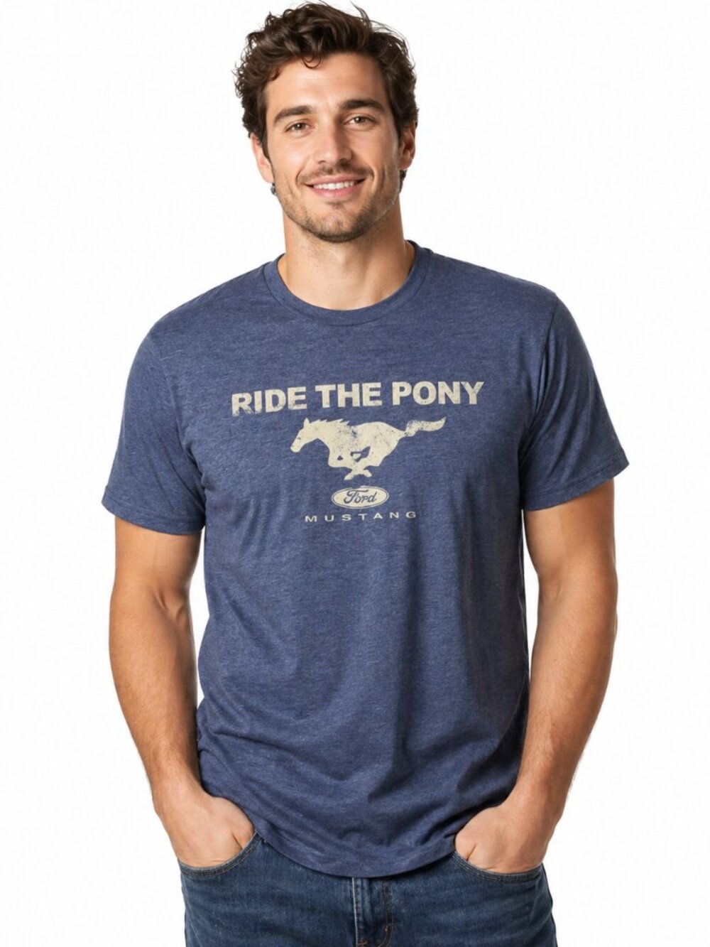 Ford Mustang Ride The Pony Graphic Crew Neck Blue Men's T-shirt